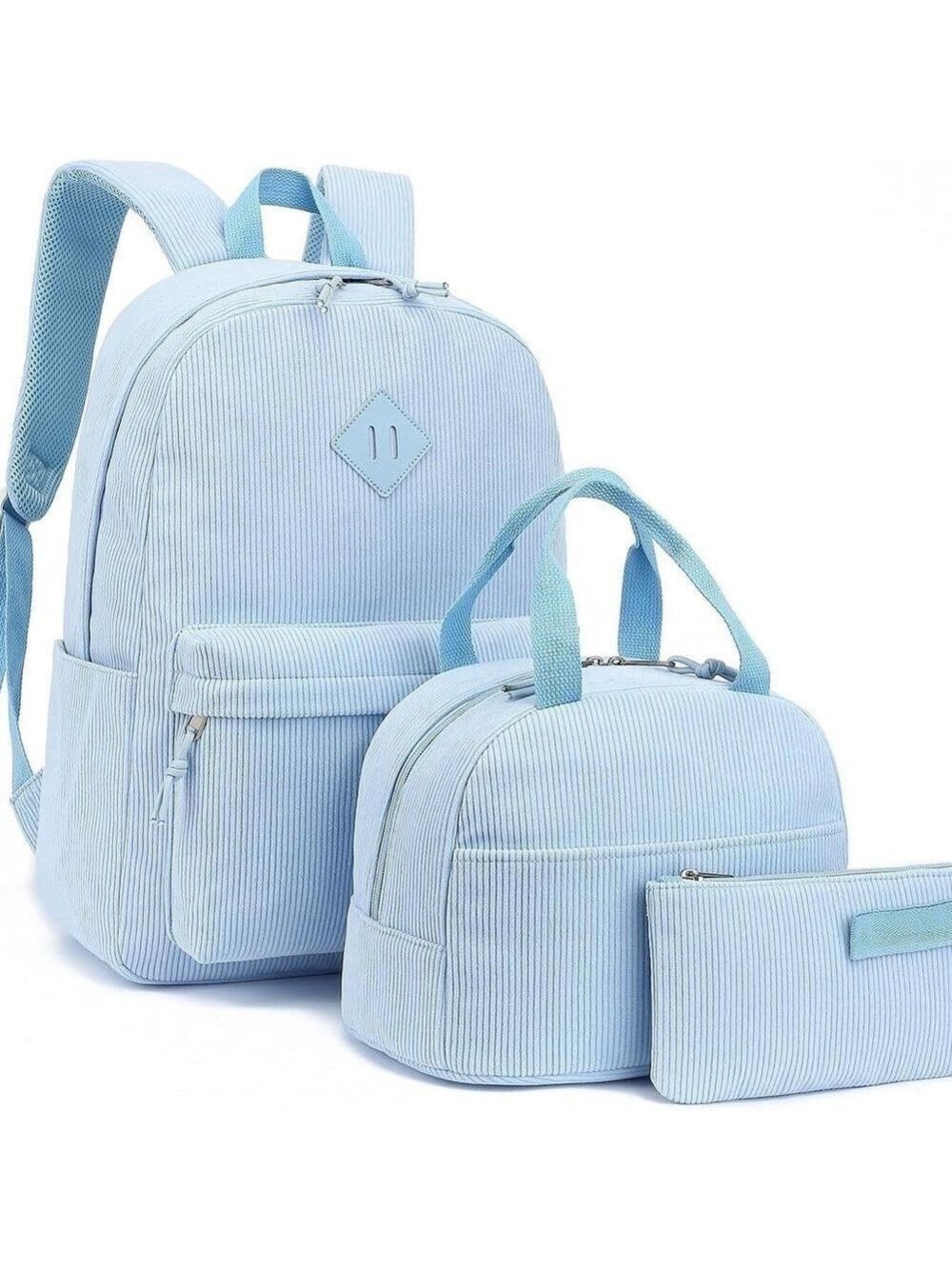 Corduroy School Backpack Bag with Lunch Box and Pencil Case in Sky Blue